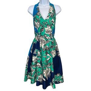 Eva Franco Multicolored Halter Neck Open-Back Lined Fit & Flare Dress Sz 4